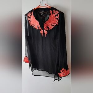 100% Silk Sheer Black Blouse with Orange Lace Appliqué With Small Beads. Large